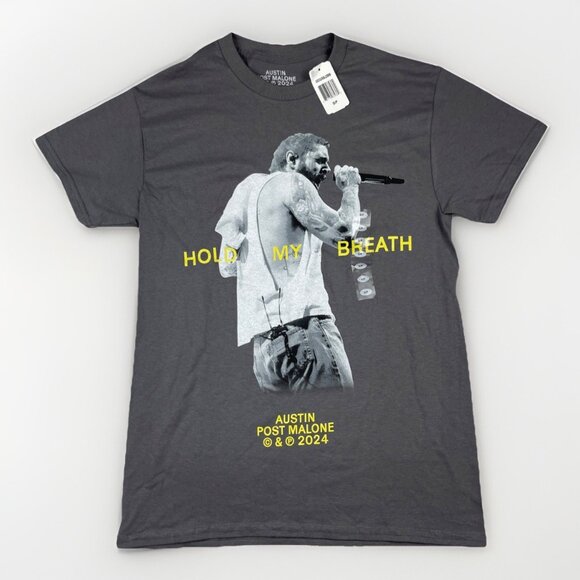 Post Malone Hold my Breath Grey Unisex S T-Shirt 2024 Austin Merch Distress NWT* - Picture 1 of 16